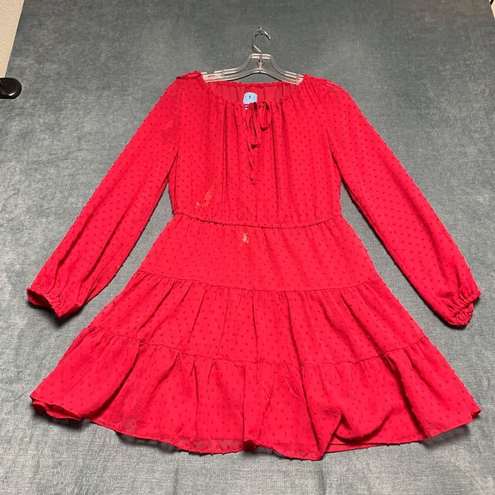 CeCe Tiered Mini Dress Womens S Red Swiss Dot Casual Balloon Sleeve Ruffled Hem